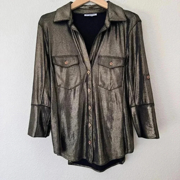Samantha Dru Copper Metallic Holiday Party Button Down Top Size Small - Picture 2 of 5